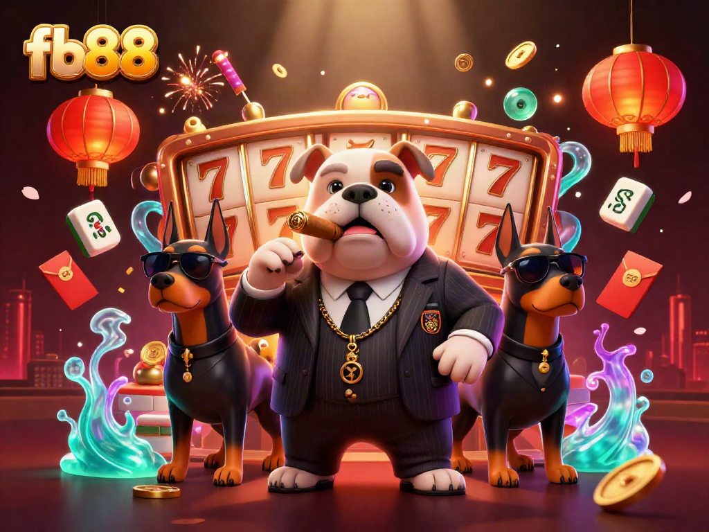 Win big with fb88 in this thrilling casino scene featuring a mafia bulldog and Doberman bodyguards.
