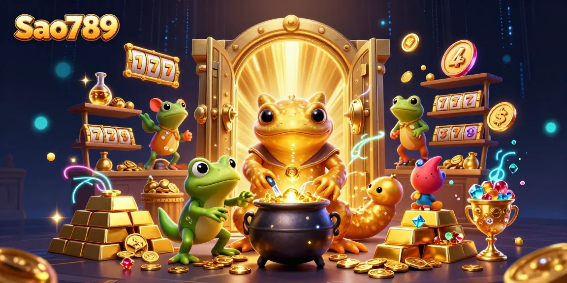 Sao789 offers a vibrant 3D scene of an alchemist and assistants transforming metals into gold coins, packed with casino elements.