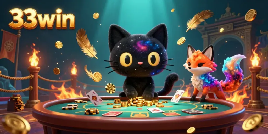 The 33win casino scene showcases a black hole cat and a nebula fox, pulling in chips and cards at a vibrant cosmic table.