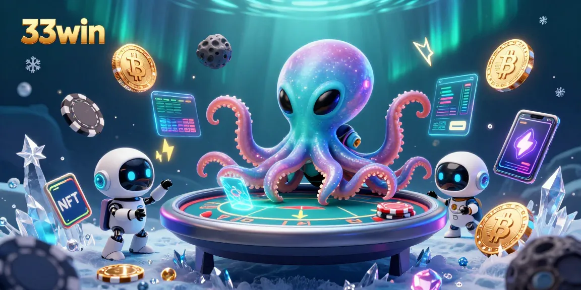 Experience thrilling 33win gameplay with a vibrant alien octopus at a poker table surrounded by crypto coins.