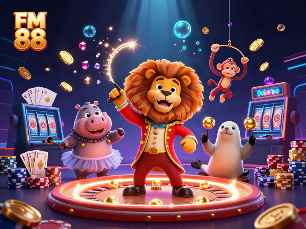 Engage with FM 88's vibrant 3D casino scene featuring stunning characters and dazzling gaming elements.