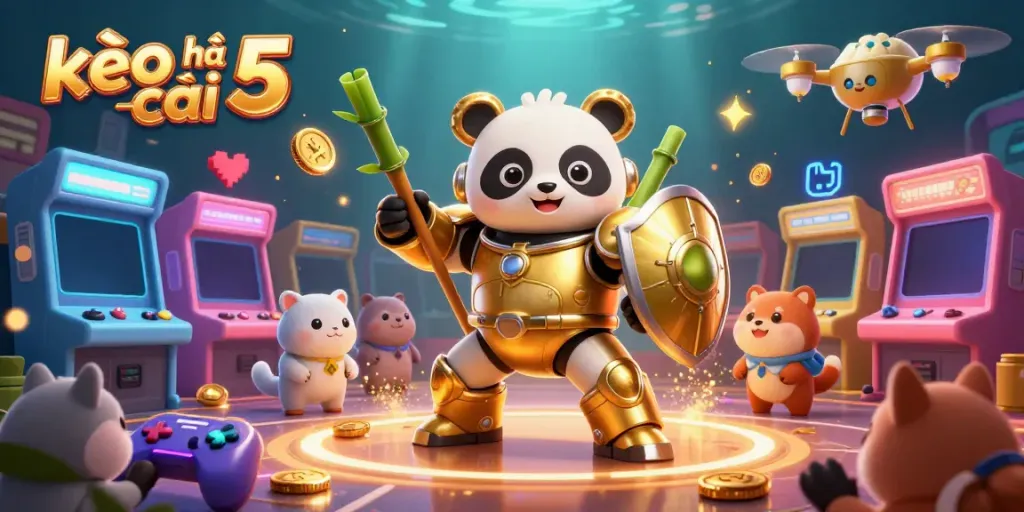 Engage with kèo nhà cái 5 in an intense 3D casino battle featuring a golden panda in a mech-suit.