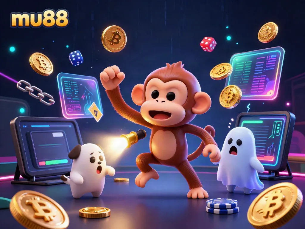 Experience the thrilling casino atmosphere with mu88 in this dynamic 3D illustration of a poltergeist monkey and ghost-hunter puppy.