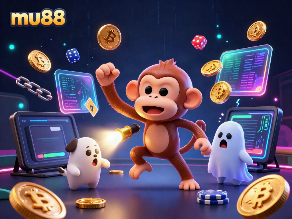Experience the thrilling casino atmosphere with mu88 in this dynamic 3D illustration of a poltergeist monkey and ghost-hunter puppy.