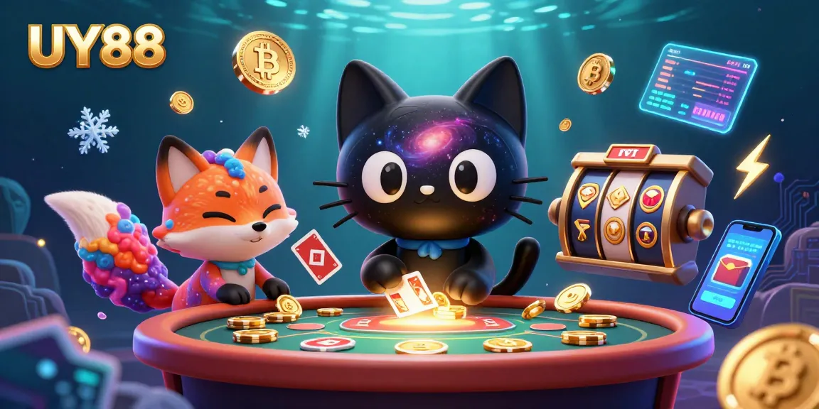 Engage with UY88's cosmic casino magic, featuring a black hole cat and vibrant fox amidst slots and crypto elements.