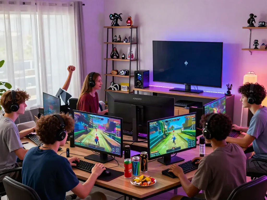 Engaged friends playing games together at home, showcasing https://manclub1.jp.net/ vibrant gaming atmosphere.
