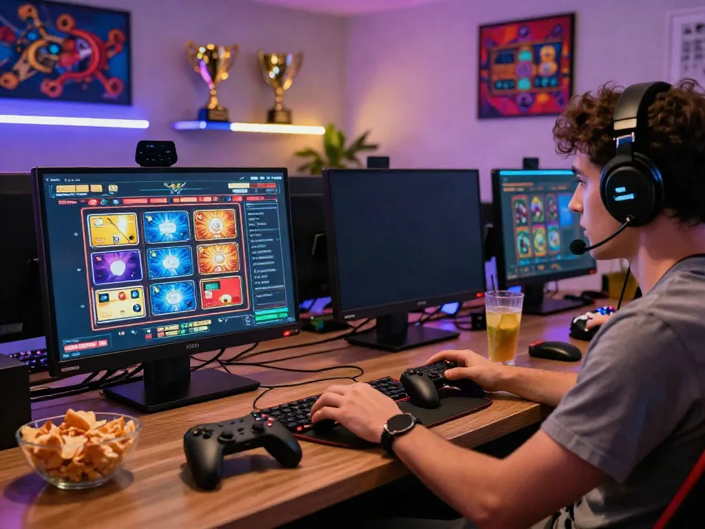Player engaging with slots that accept credit cards in a cozy home gaming setup, surrounded by accessories.