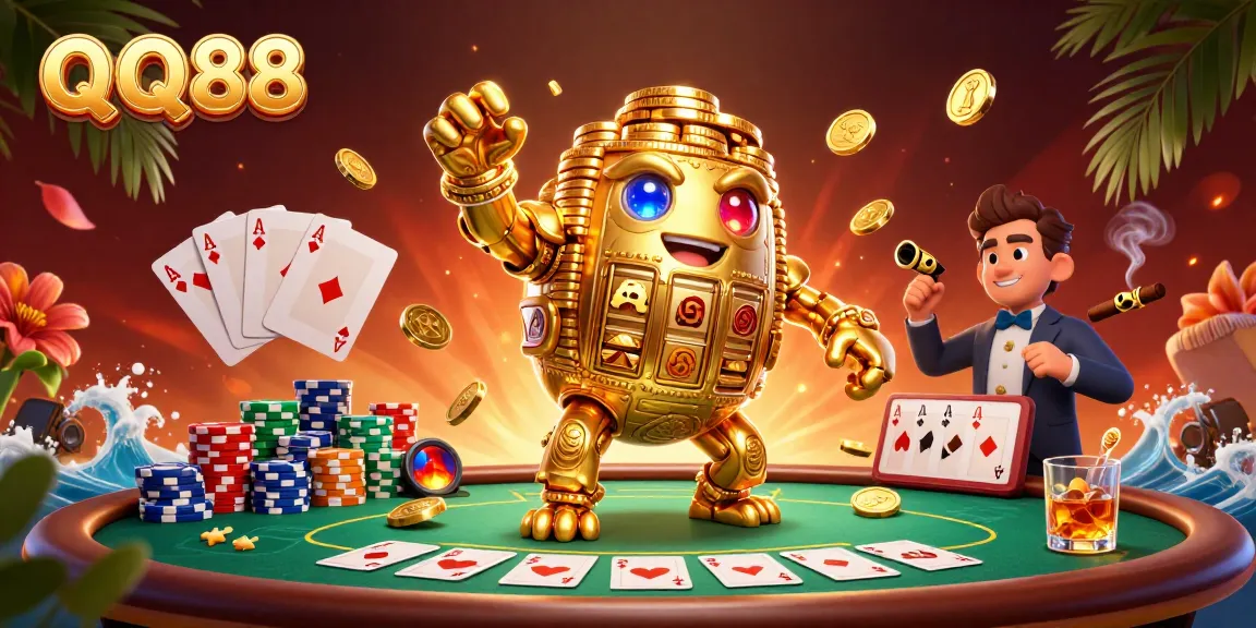 Experience the thrill of QQ88 with a dynamic 3D illustration of a golden golem amidst vibrant casino elements.
