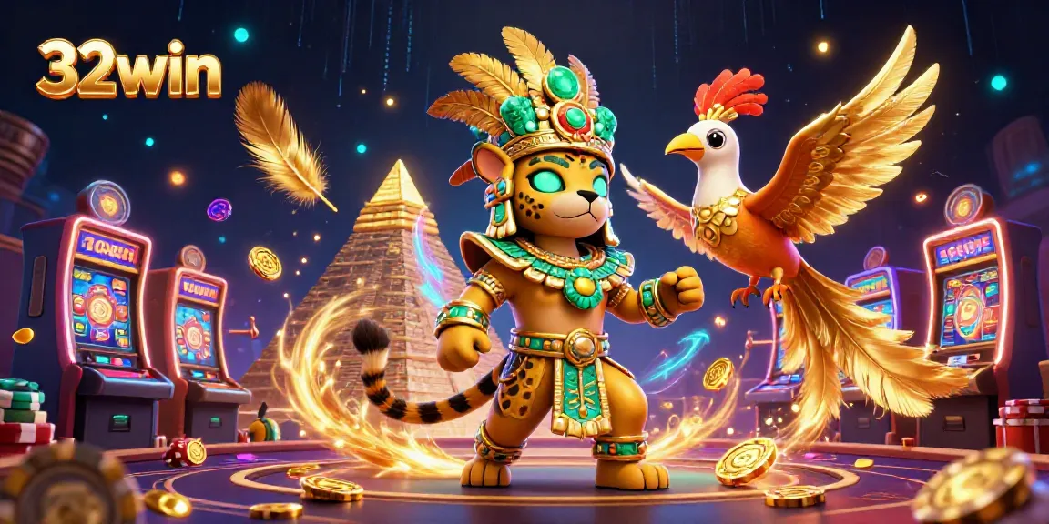 32win jackpot celebration with Mayan priest and quetzal bird amidst golden coins.