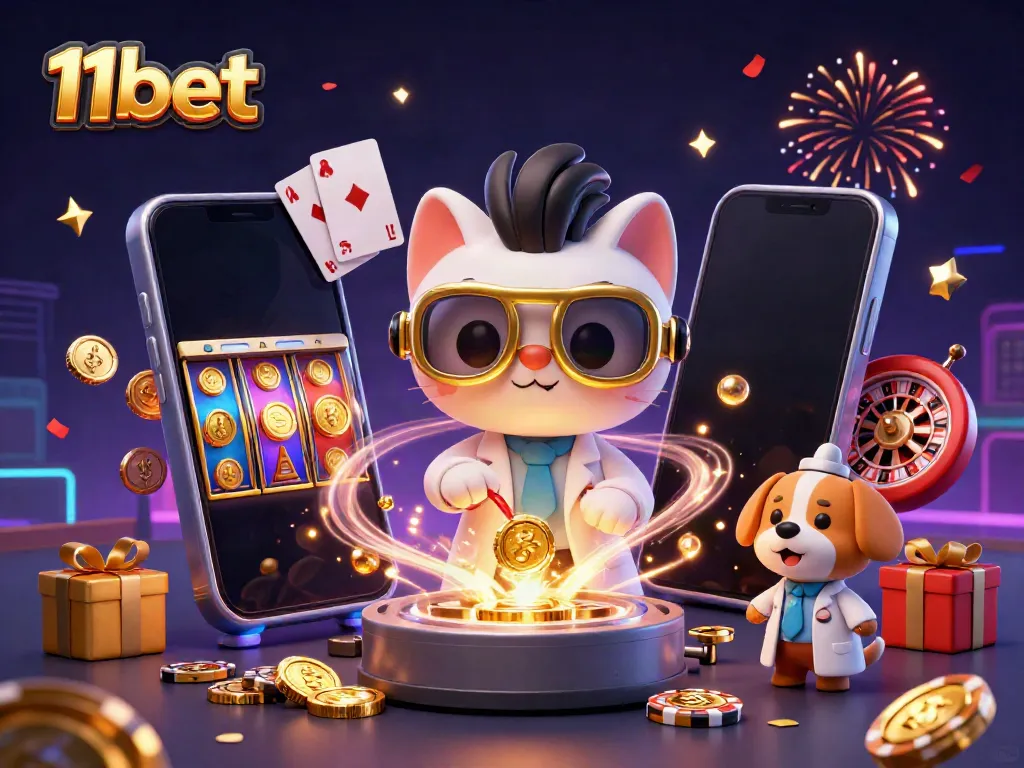 Experience the excitement of 11bet with a vibrant 3D casino scene filled with dynamic games and fun rewards.