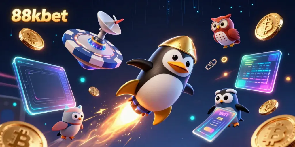 Experience the thrill of gaming at 88kbet with a golden penguin and cosmic casino elements.
