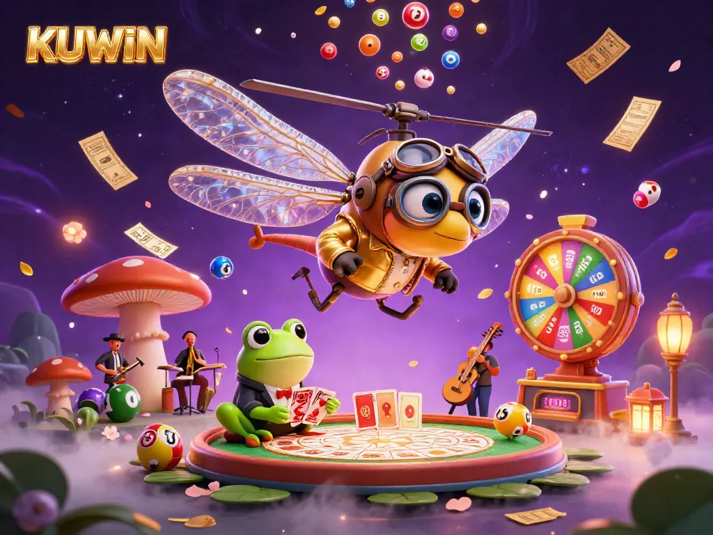 Engage with KUWIN's vibrant gaming world in a dynamic illustration showing fun lottery activities.