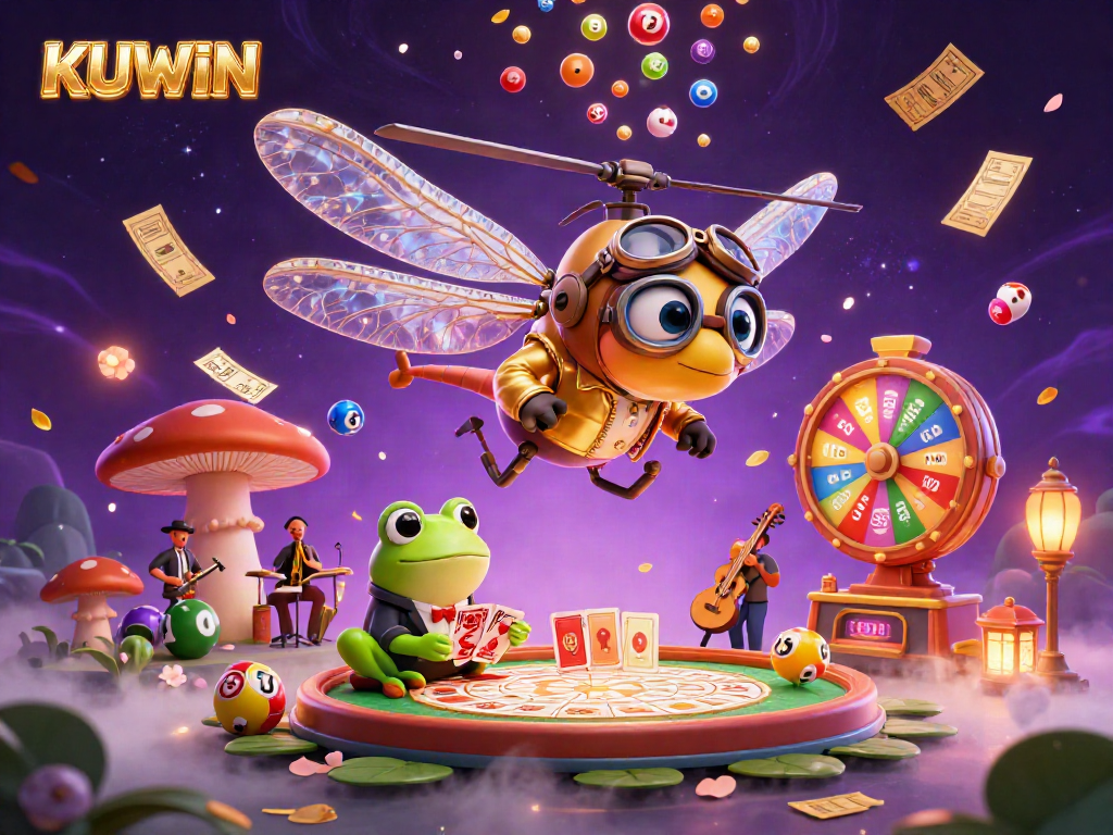 Engage with KUWIN's vibrant gaming world in a dynamic illustration showing fun lottery activities.