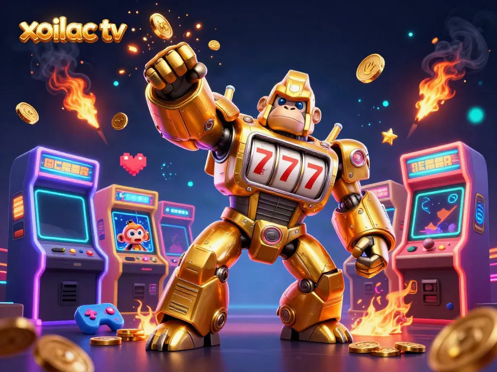 Xoilac TV brings vibrant gaming excitement with golden gorilla mech and coins bursting forth.