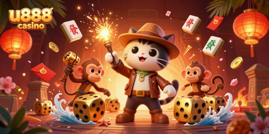 Experience excitement at u888 casino with a dynamic 3D illustration featuring thrilling game elements.