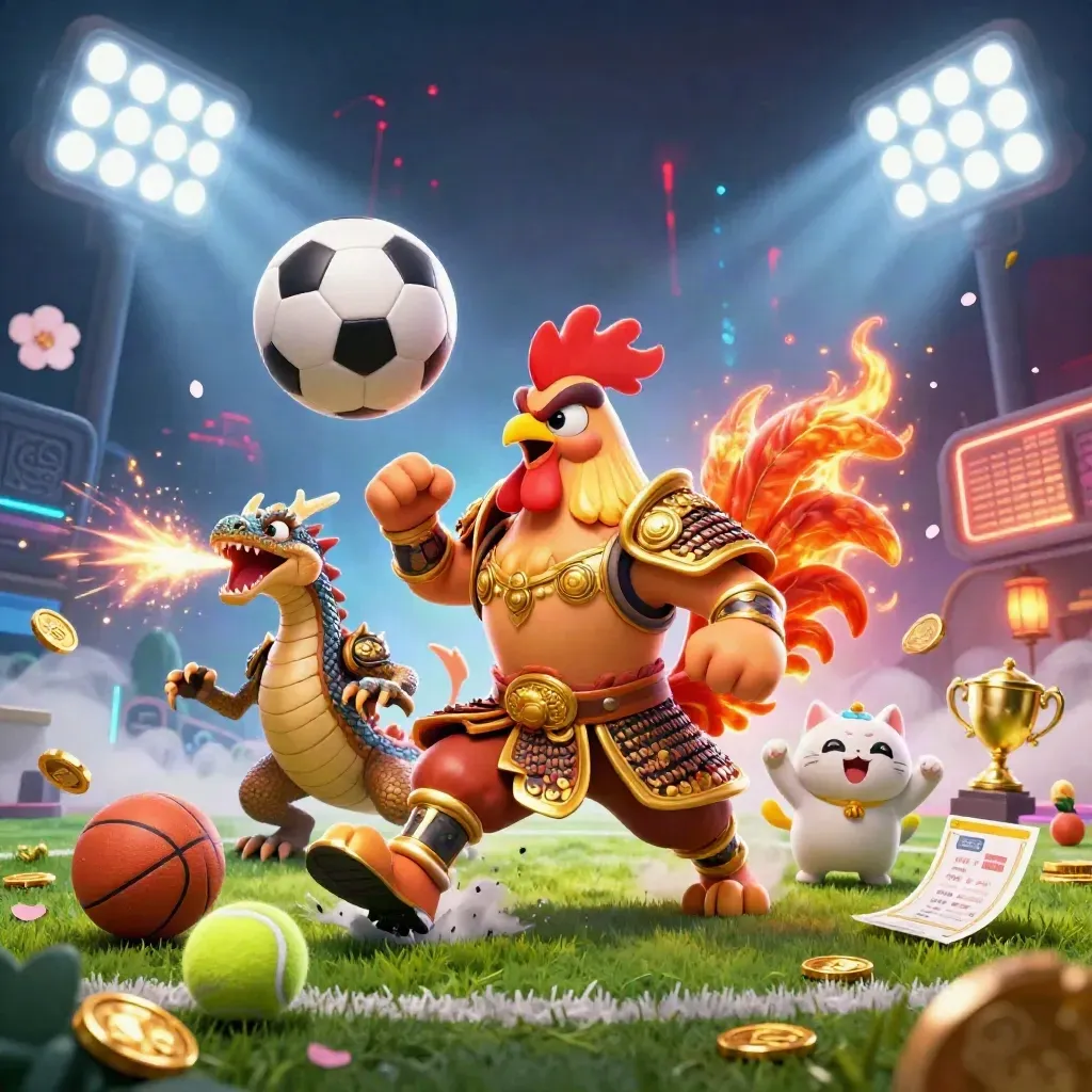 Rooster samurai, spark-breathing hatchling, and cheering fortune-cat amid flying balls and gold.