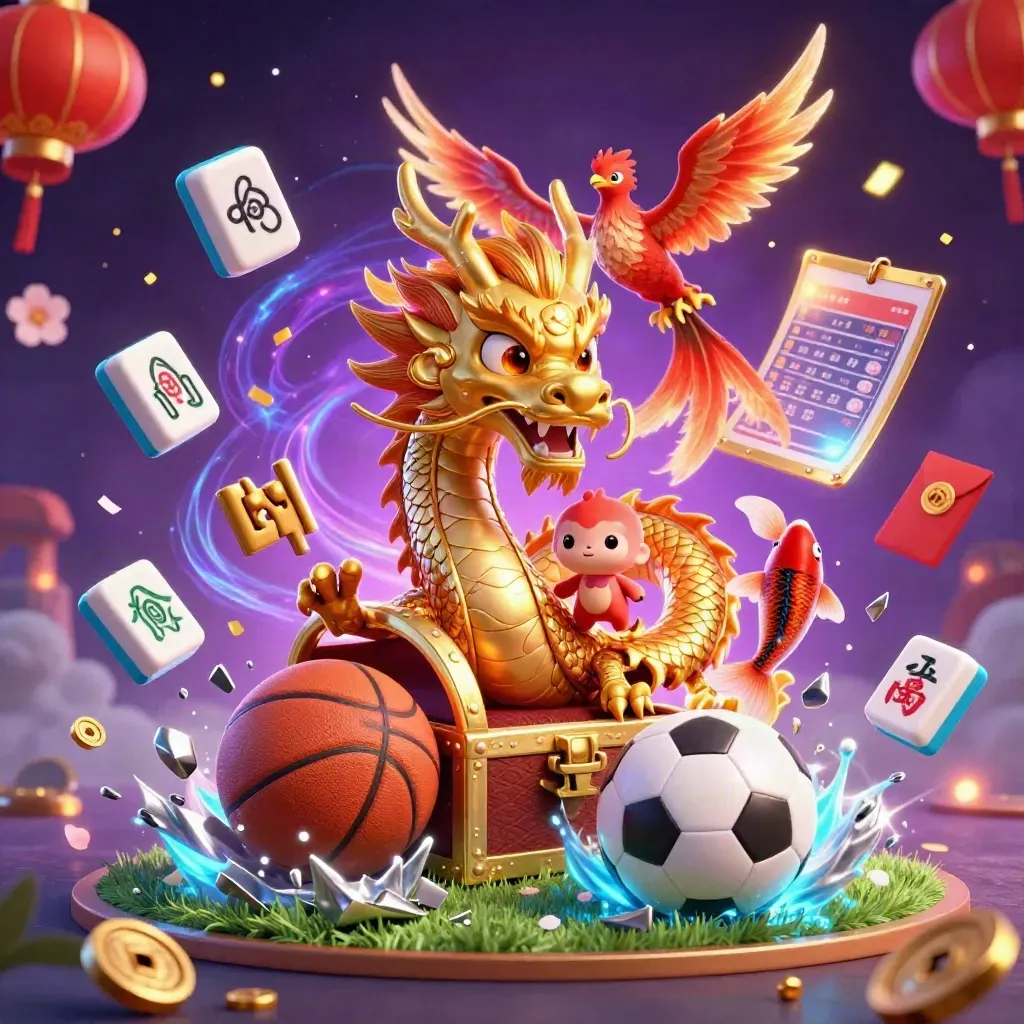 Golden dragon, phoenix and koi amid casino tiles, balls, coins and icy neon light.