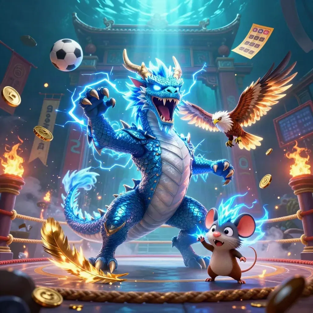 Thunder dragon, wind hawk, and static mouse amid casino treasure and glowing lights.