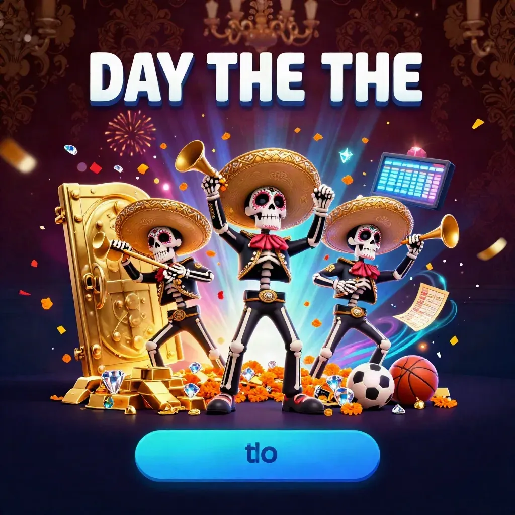 Skeleton mariachi trio opening a gold vault amid treasure, fireworks, and icy cyan glow.