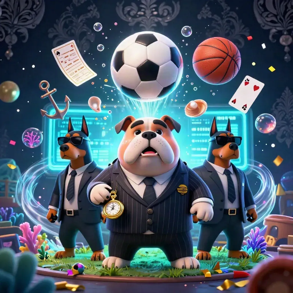 Bulldog mob boss and two Dobermans with sports balls, treasure cove, cyan glow, and gold coins.