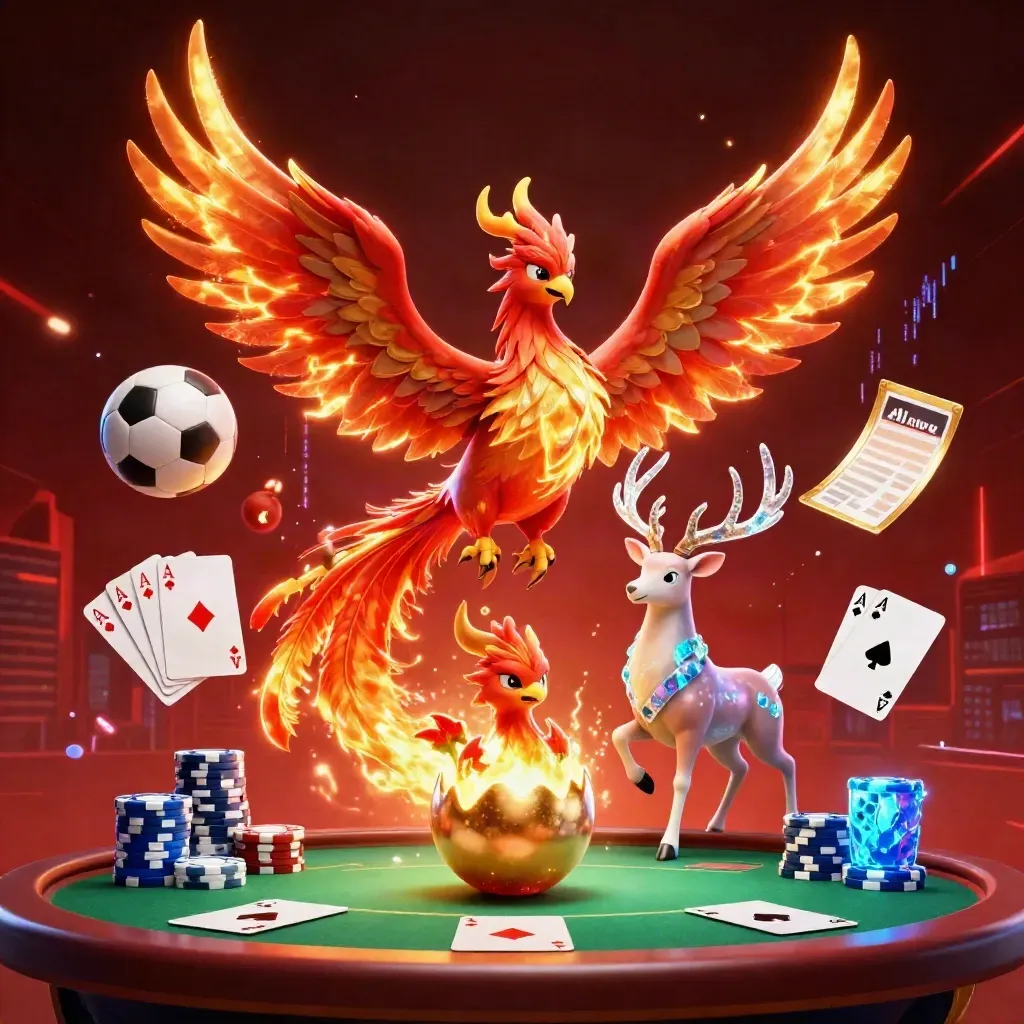 Phoenix and crystalline stag amid poker chips, cards, and neon energy on dark red-black.