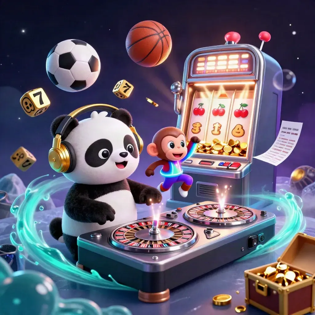 DJ panda, breakdancing monkey and glow-stick kitten amid neon casino bursts, balls and gold.