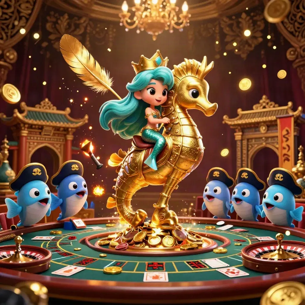 Mermaid princess on a golden seahorse amid casino artifacts, temple gate, smoke, and chandelier glow.