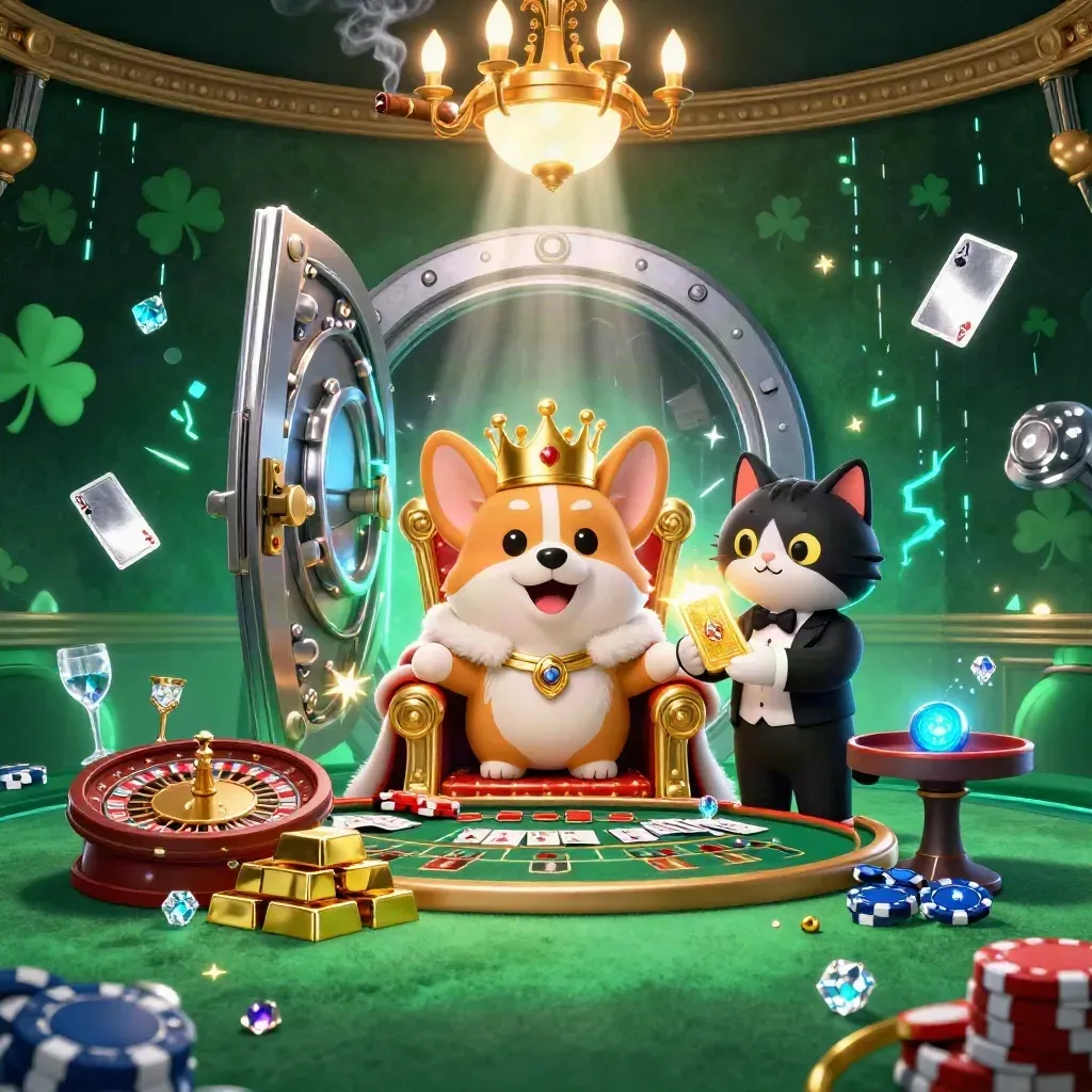 Crowned corgi and cat butler amid a glowing vault, gold, gems, roulette, and cyan energy.