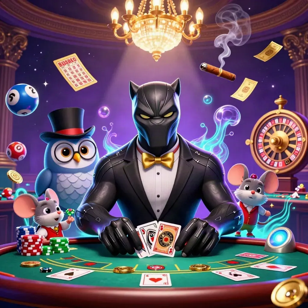 Panther, owl, and mouse in a glowing casino room with spinning wheels, cards, and gems.