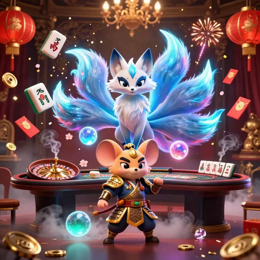 Fox spirit and samurai mouse in a luxe casino scene with glowing game objects and neon light.