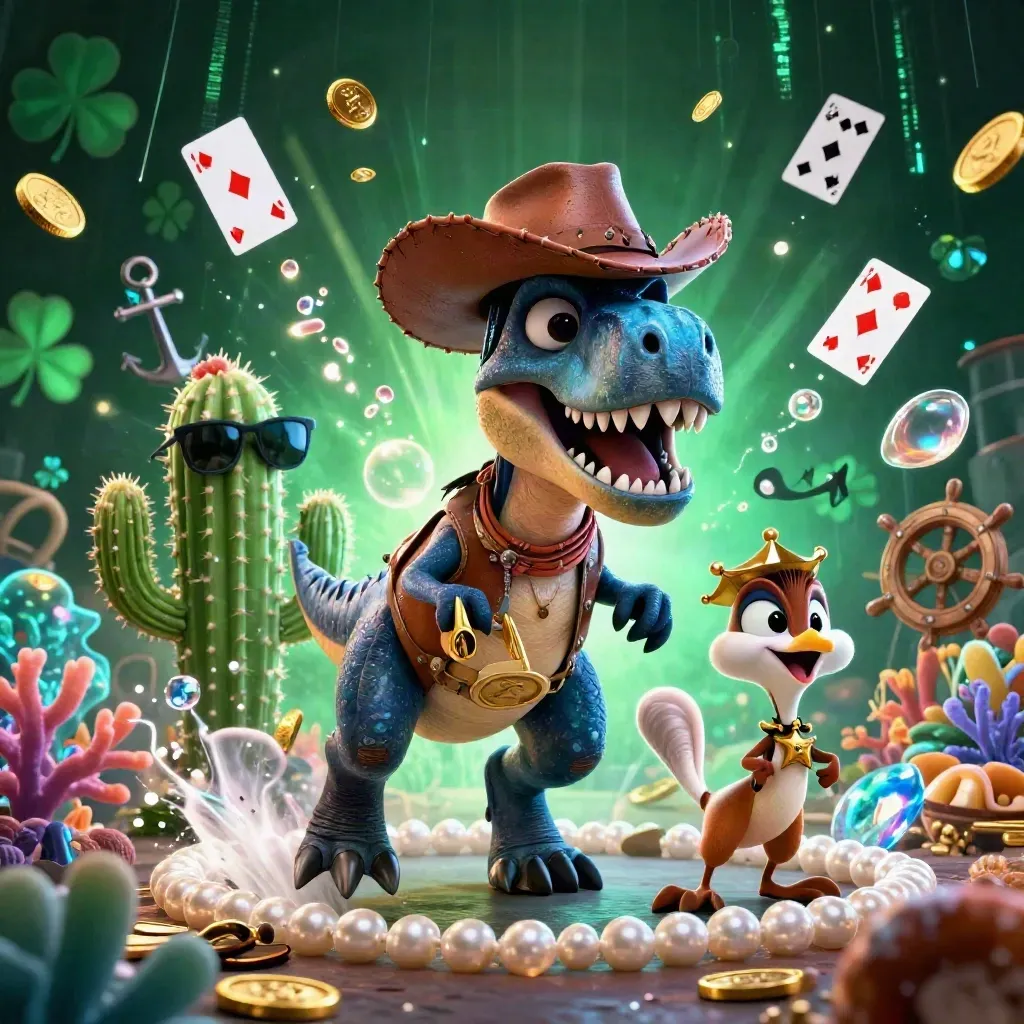 Cowboy T-Rex, cactus sidekick, and roadrunner amid underwater treasure, coral, and neon cyan glow.