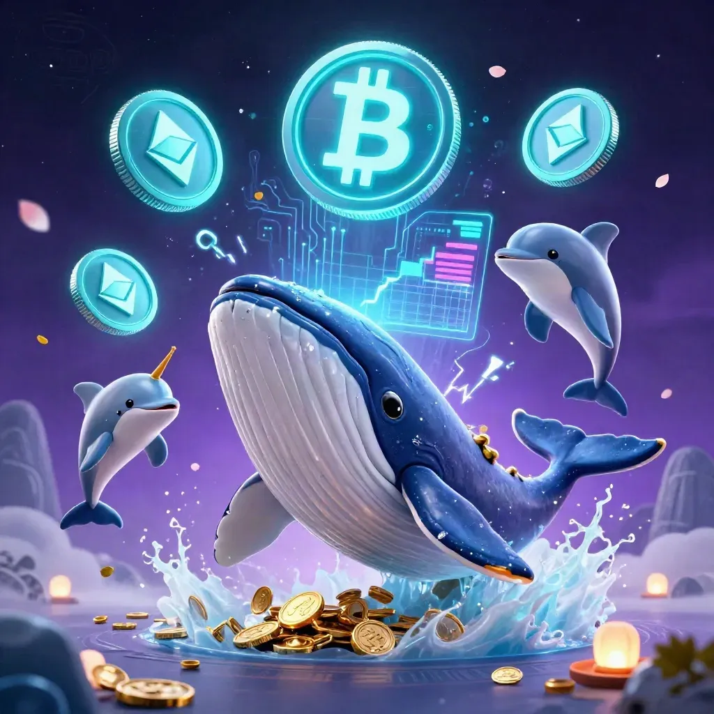 Whale captain, narwhal and dolphins burst from coin sea amid cyan crypto magic.