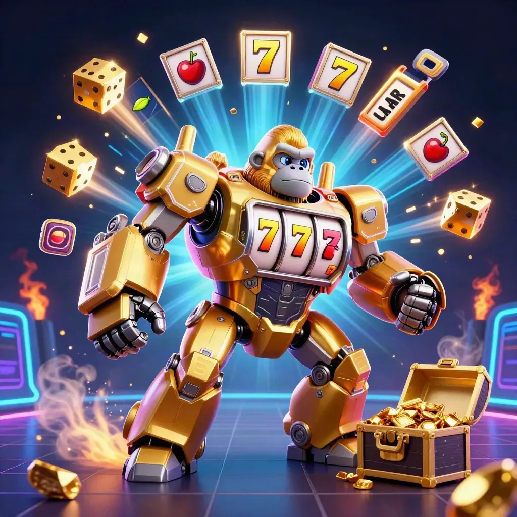 Golden gorilla mech with monkey pilot, slot symbols and gold bursting in neon cyan glow.