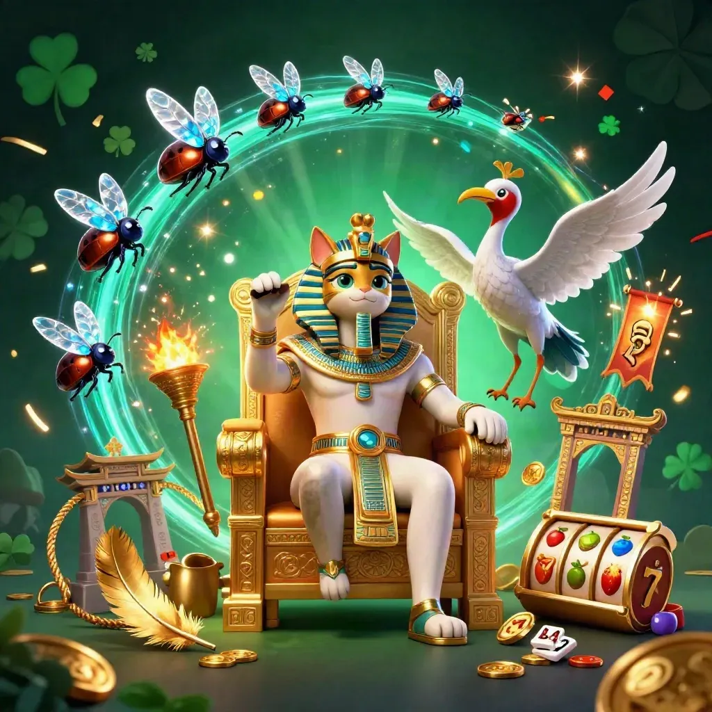 Pharaoh cat, ibis scribe, and gem-wing scarabs amid coins, temple gate, and cyan casino glow