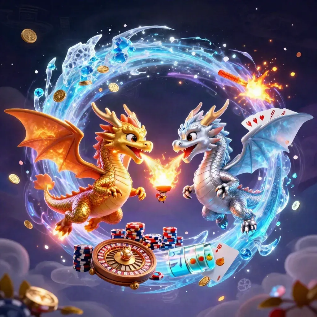 Twin dragons spiral with fire and ice, coins, gems, roulette wheel, and lantern spirit.