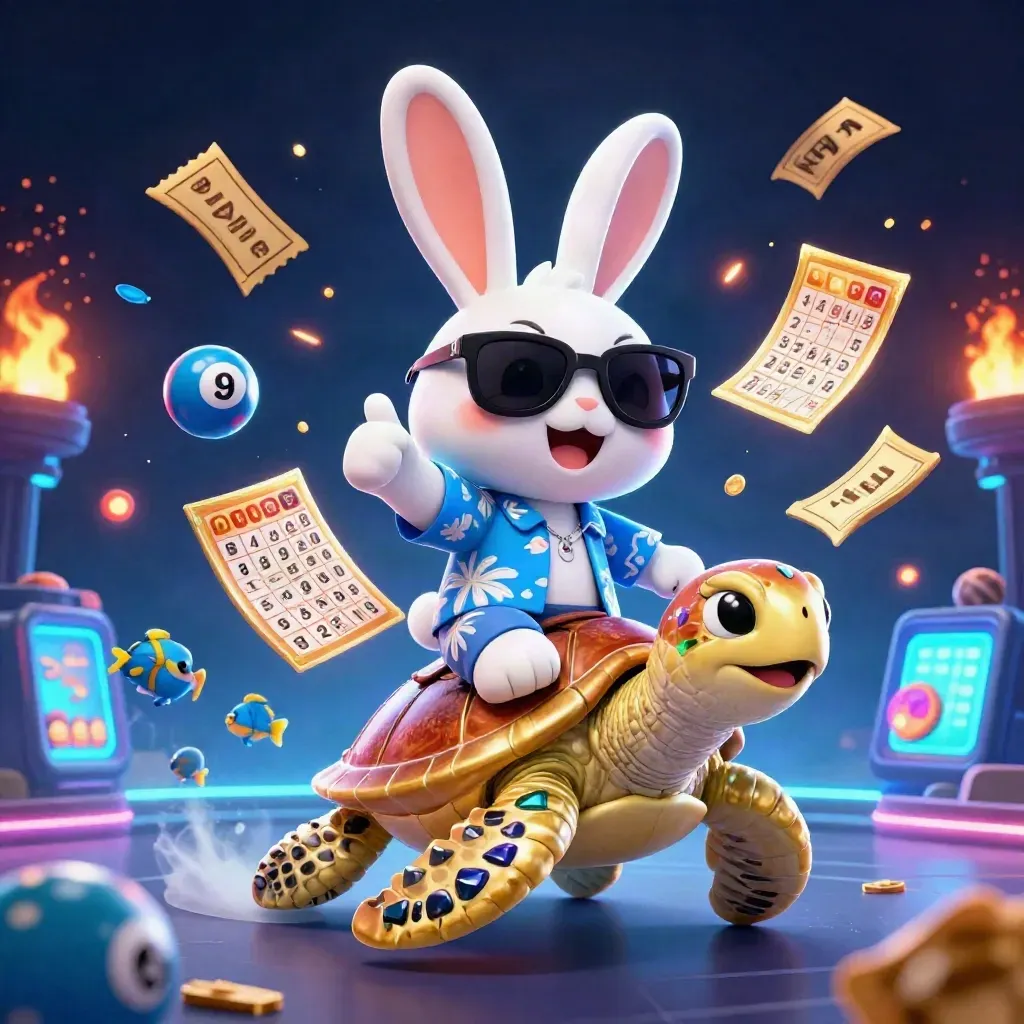 Cartoon rabbit on a gold sea turtle amid lottery balls, bingo, wheel, tickets and neon cyan glow
