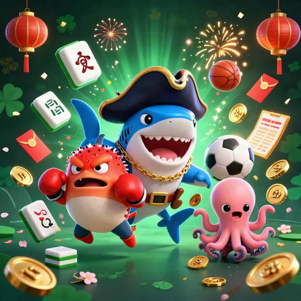 Pirate shark, boxing pufferfish, and juggling octopus amid treasure, fireworks, and casino game icons