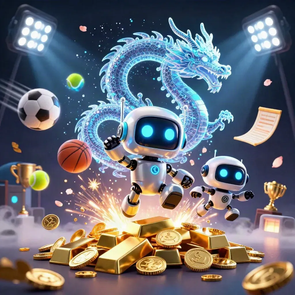 Robot mascot, AI dragon, and drone amid coins, trophies, sports balls, and fireworks.
