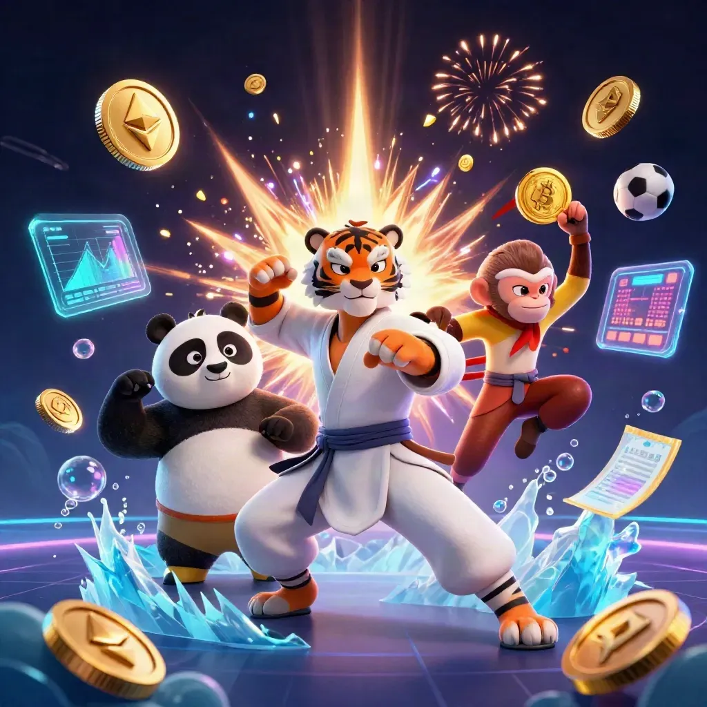 Tiger, panda, and monkey amid coins, fireworks, sports icons, and neon casino effects.