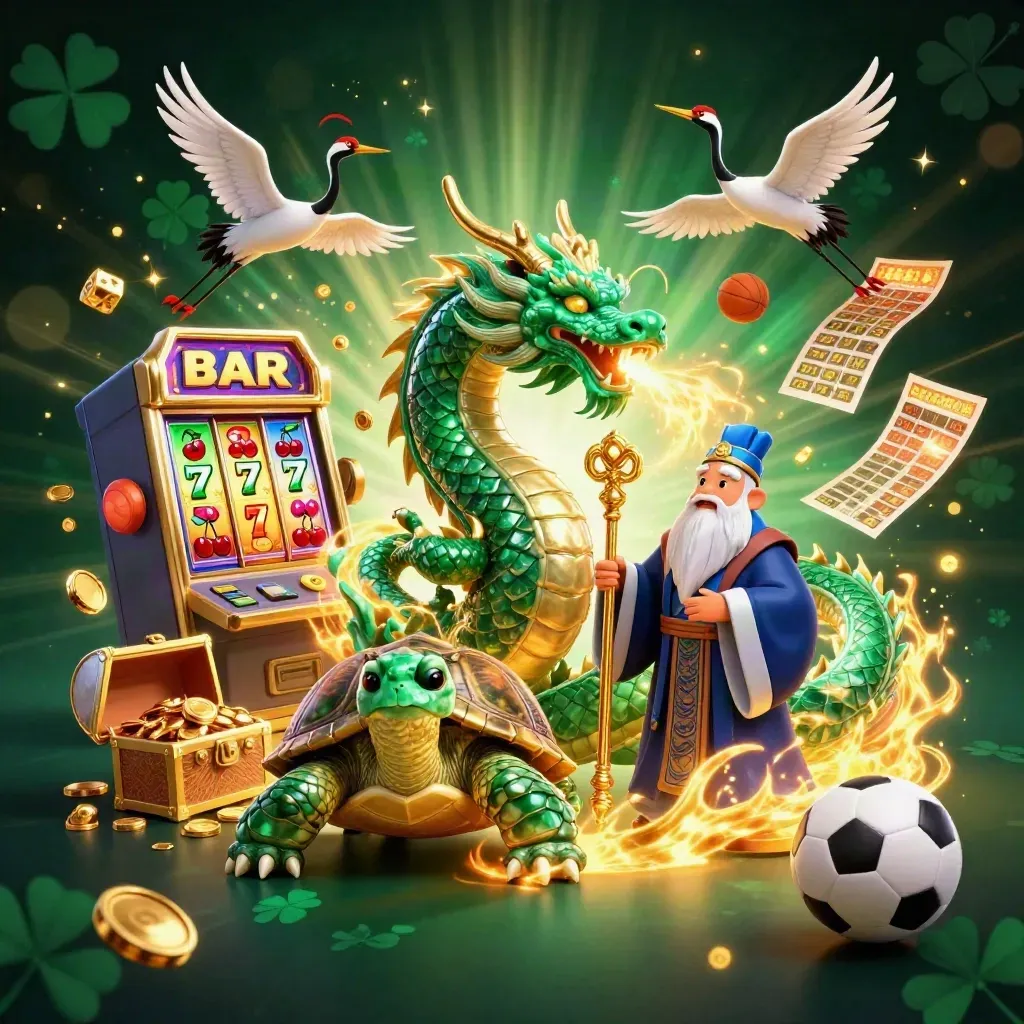Dragon, turtle sage, cranes, and casino treasure burst with gold coins and neon glow.