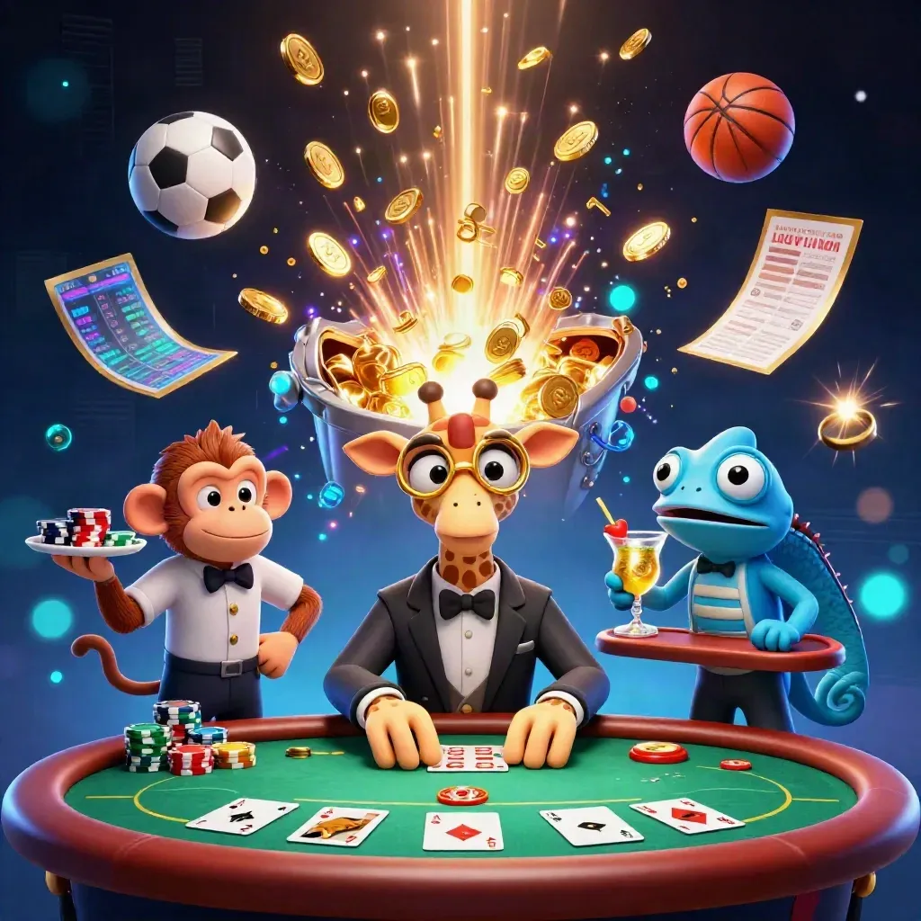 Giraffe, monkey, and chameleon at a glowing poker table amid coins, fireworks, and sports props.