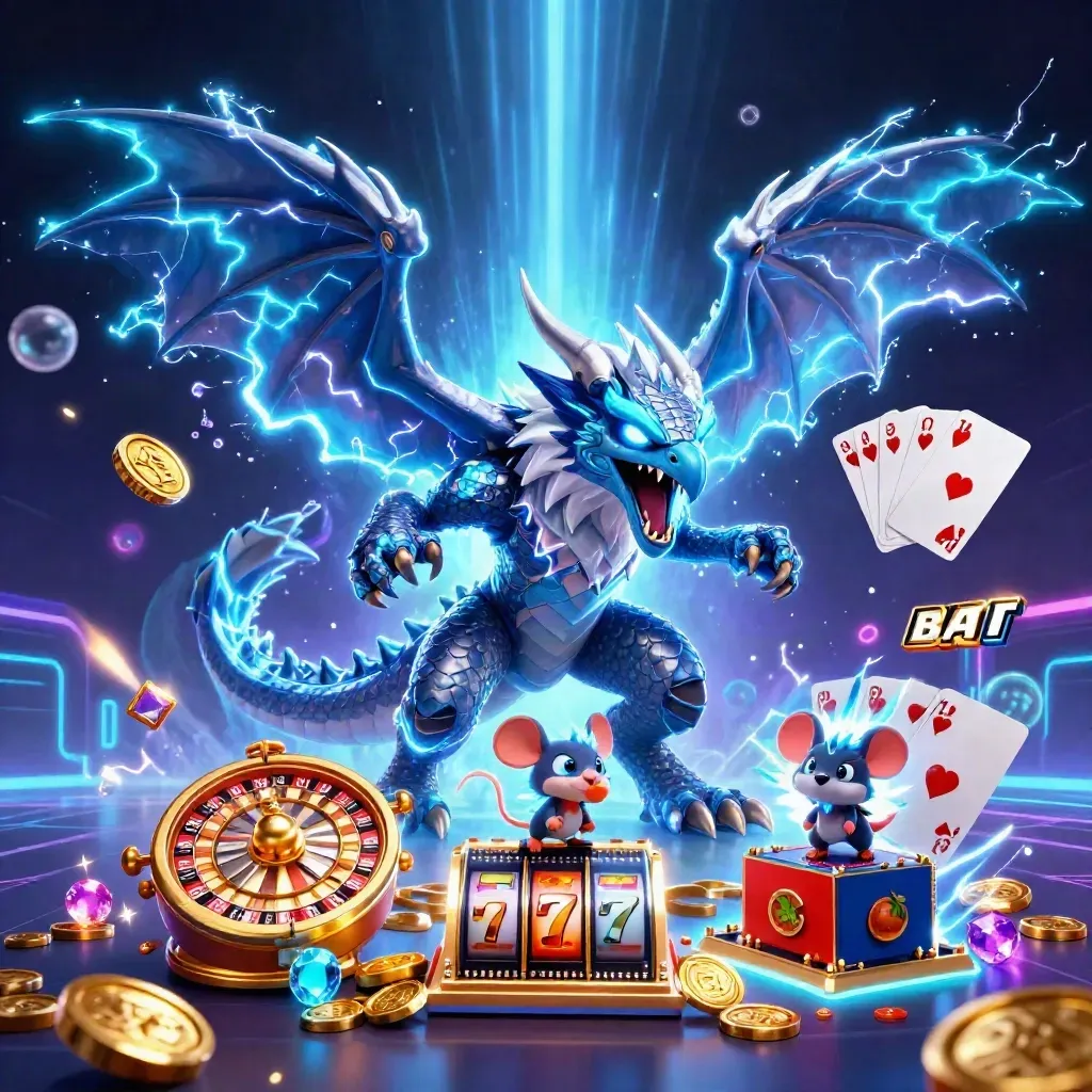 Thunder dragon, glowing hawk, and static mouse amid casino coins, cards, chips, and neon cyan lightning.