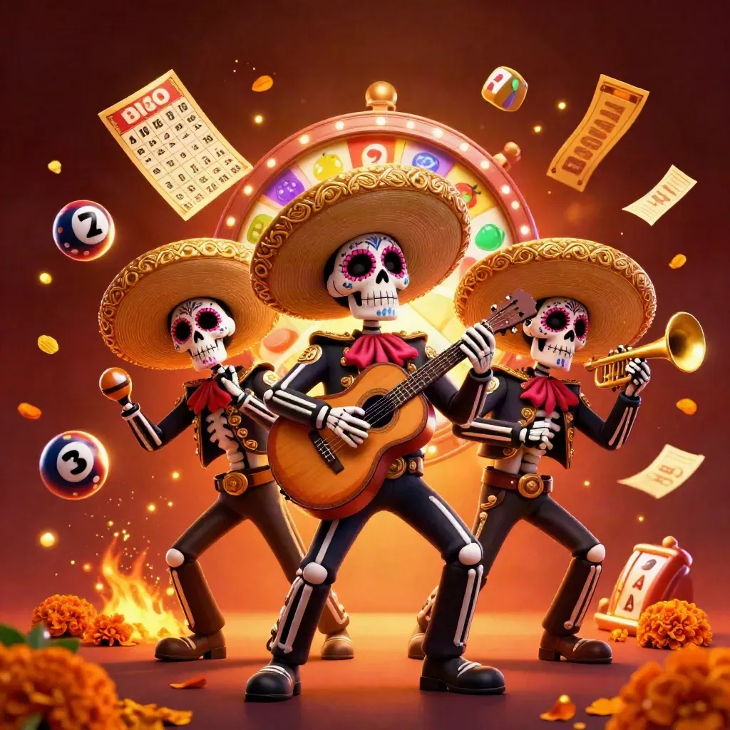 Skeleton mariachi trio with bingo balls, prize wheel, slots, and ember glow
