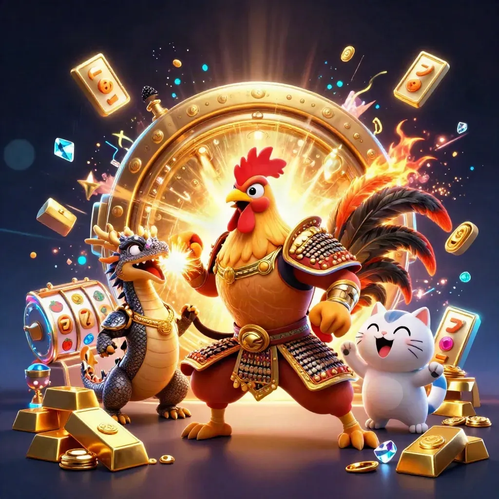 Rooster warrior, dragon hatchling and fortune cat burst from a glowing vault amid gold and cyan light.