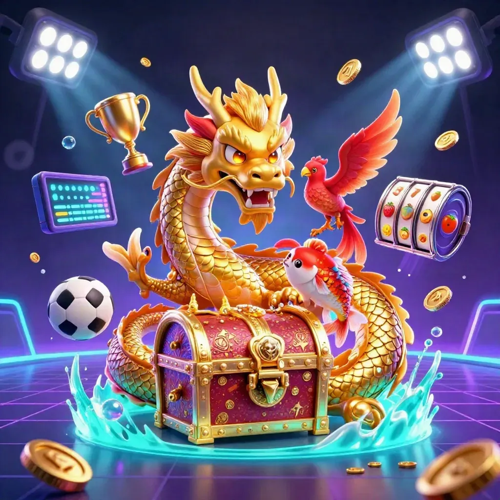 Golden dragon, phoenix, and koi amid casino balls, coins, trophies, and neon arctic glow.