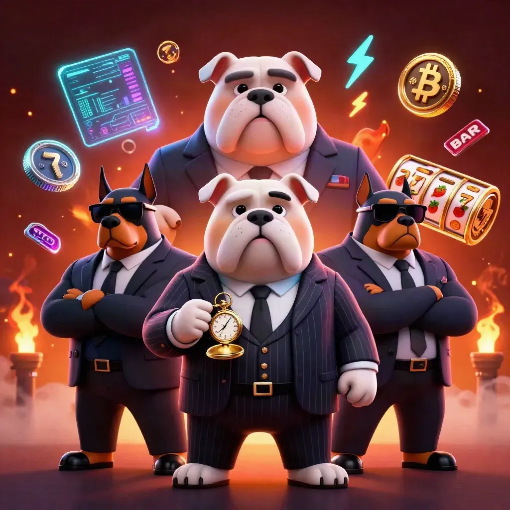 Bulldog boss with two Dobermans amid neon coins, reels, and ember glow