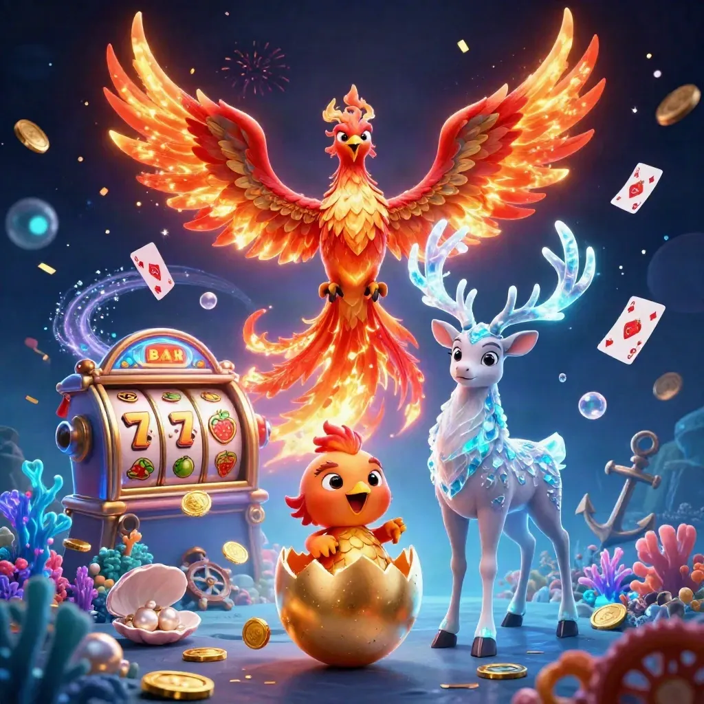 Phoenix, hatchling, and crystal stag amid treasure cove slot effects in icy neon
