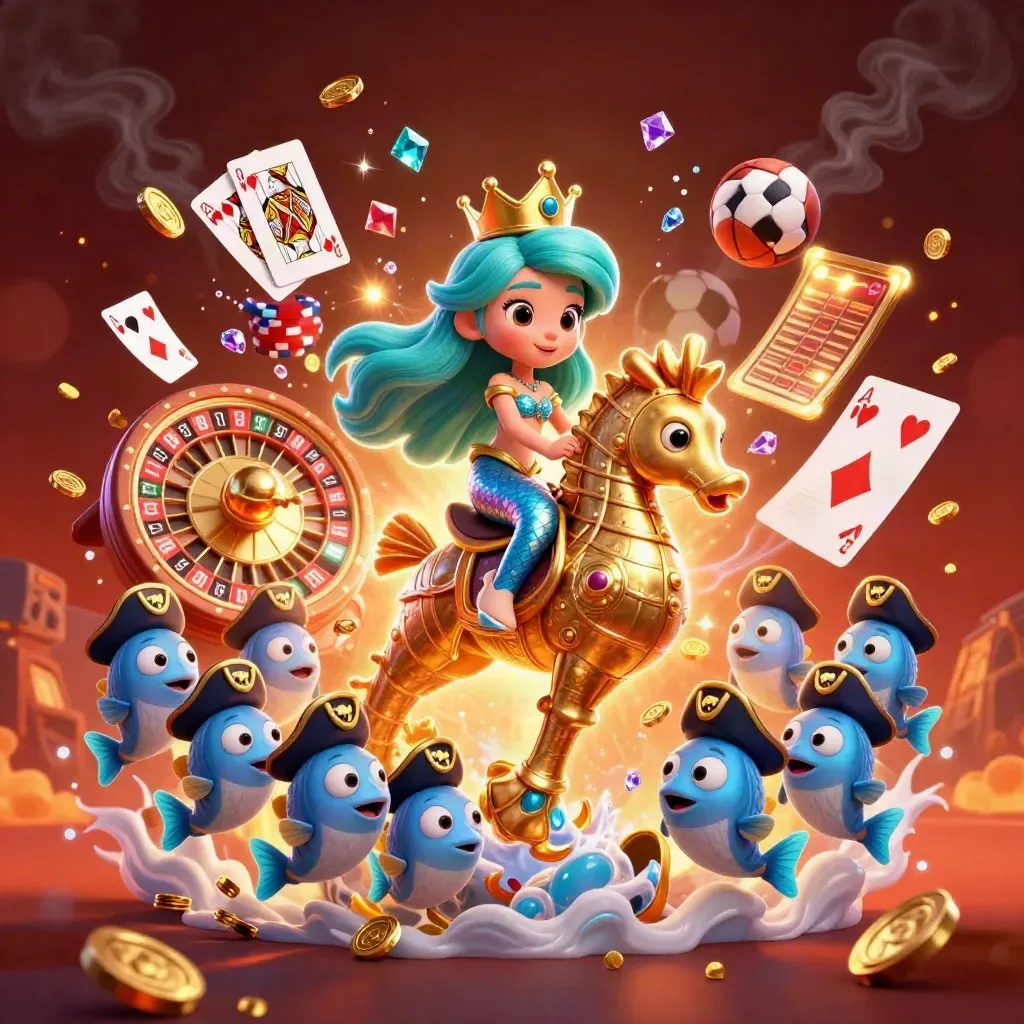 Mermaid princess on a golden seahorse amid casino chips, coins, cards, and glowing sports gear.