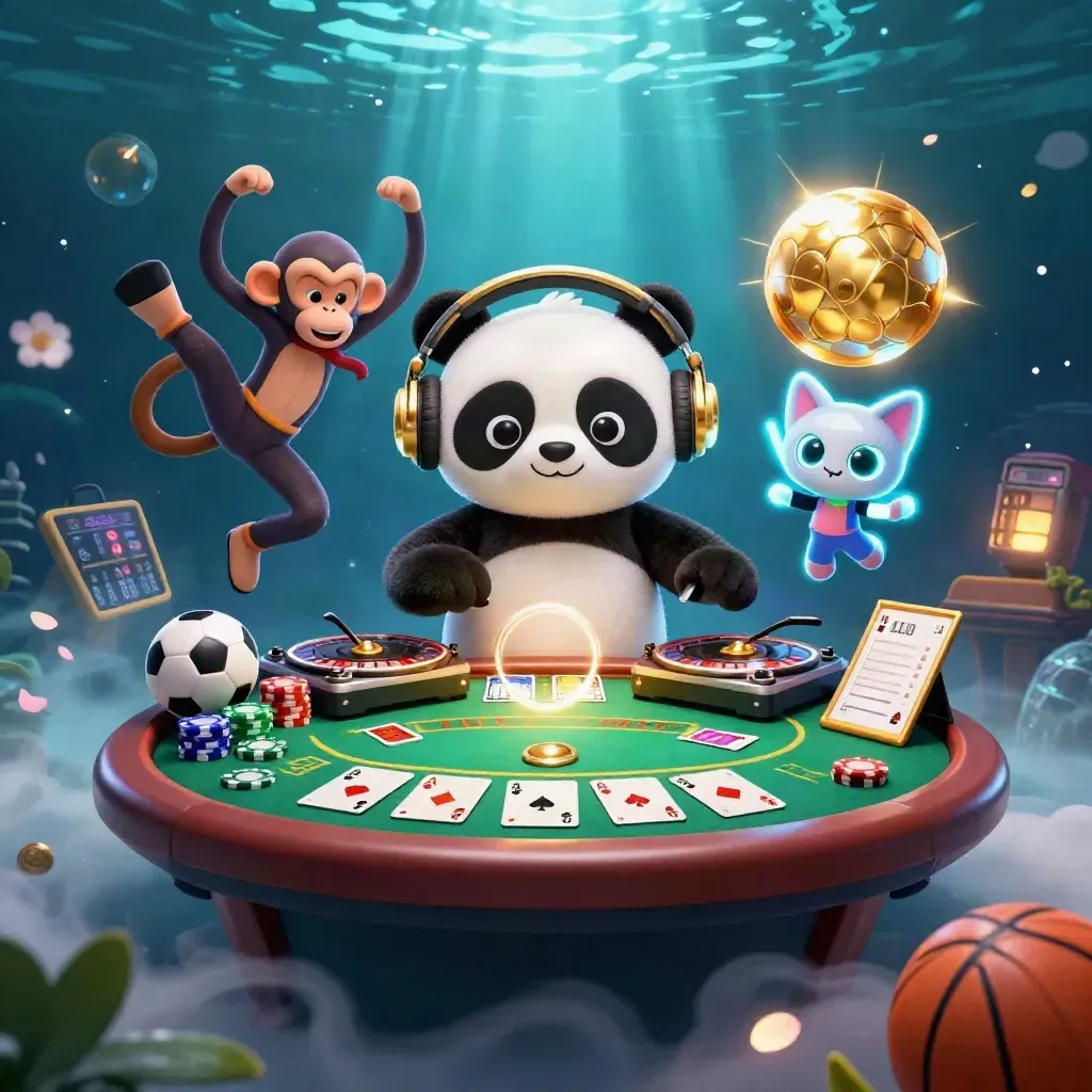 DJ panda, monkey and glow-stick kitten at a glowing poker table in icy neon casino art