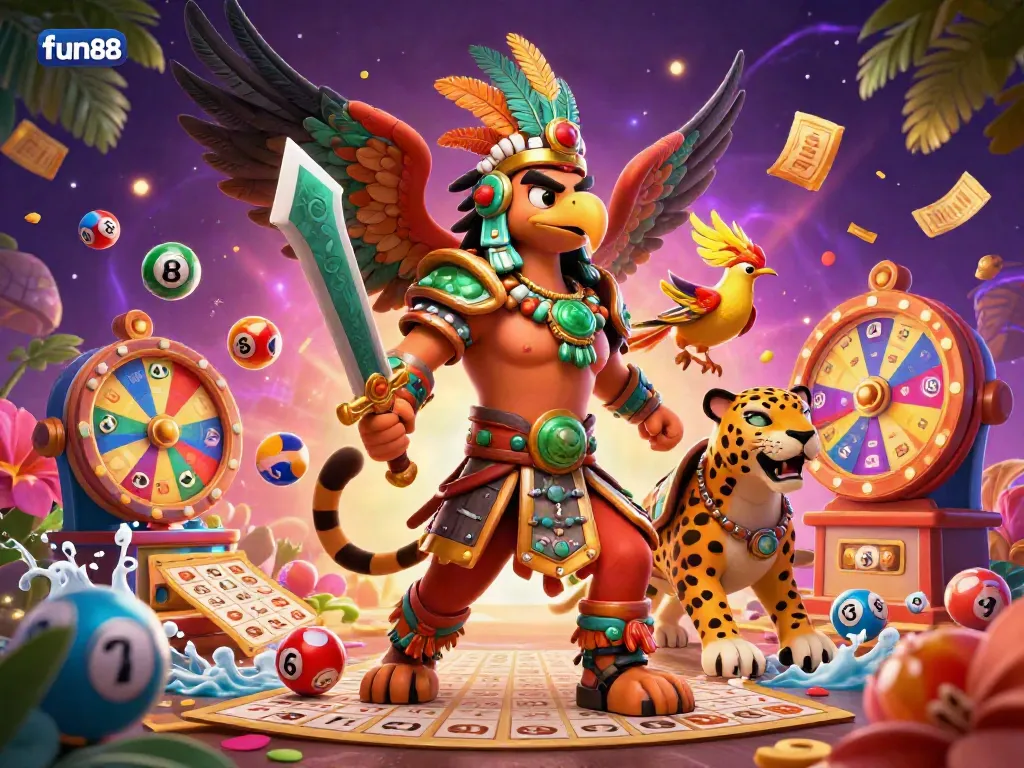 Experience exciting lottery gameplay with fun88 as Aztec characters engage in dynamic gaming action.